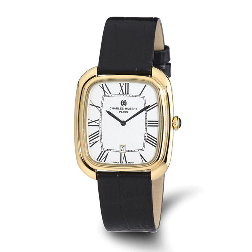 Charles Hubert Ladies IP-plated Square Face Leather Band Watch, Item W8690 by The Black Bow Jewelry Co.