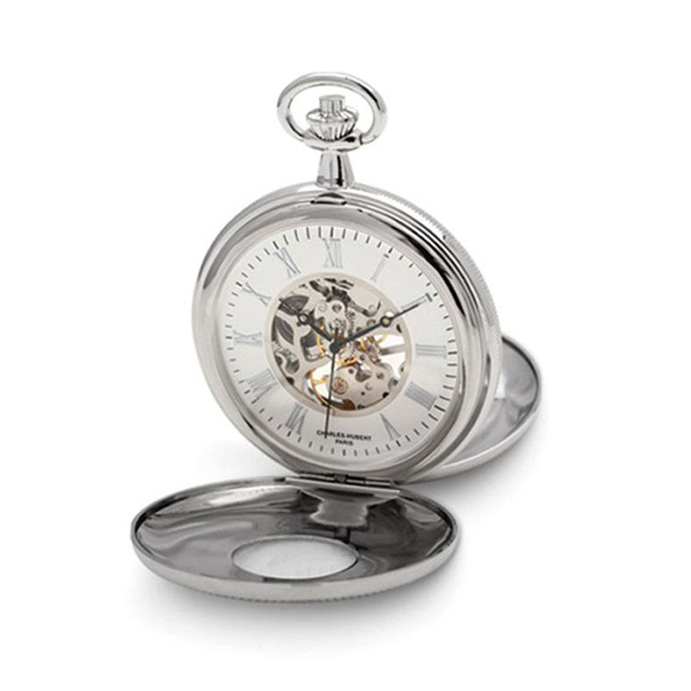 Charles Hubert Chrome Finish White Dial 50mm Pocket Watch, Item W8742 by The Black Bow Jewelry Co.
