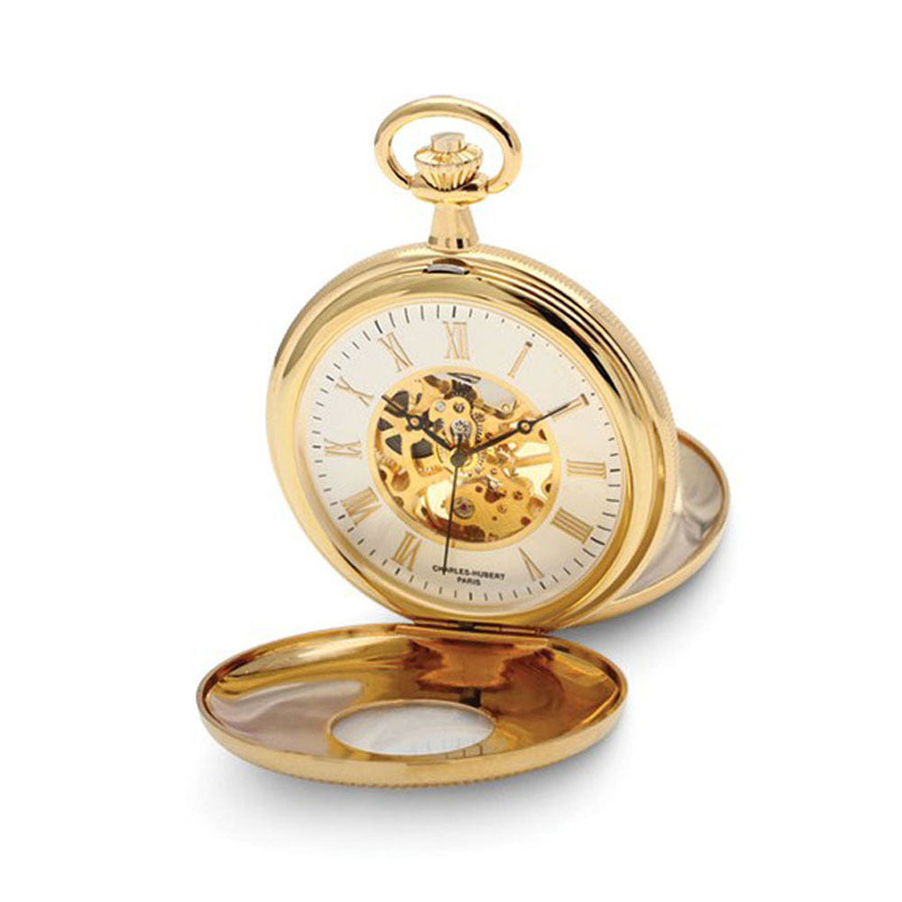 Charles Hubert Gold Finish White Dial Skeleton 50mm Pocket Watch, Item W8743 by The Black Bow Jewelry Co.