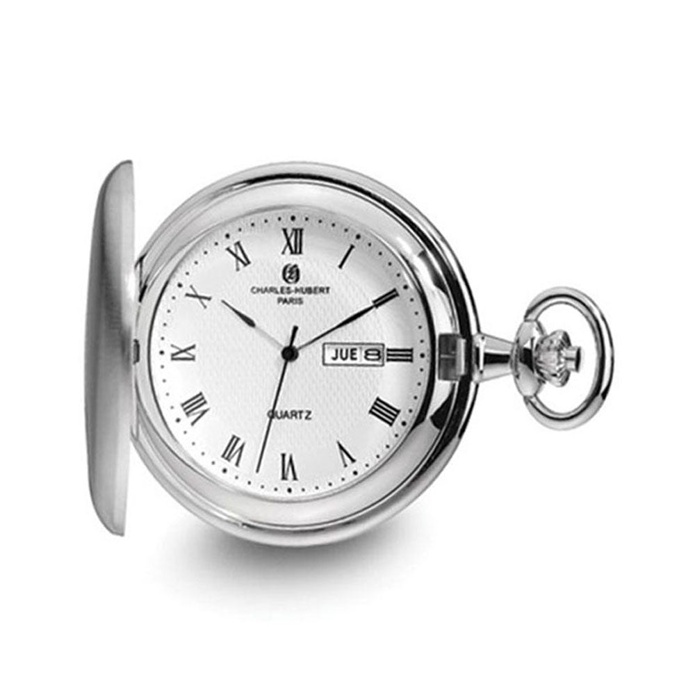 Charles Hubert Satin Finish White Dial Day/Date Pocket Watch, Item W8748 by The Black Bow Jewelry Co.