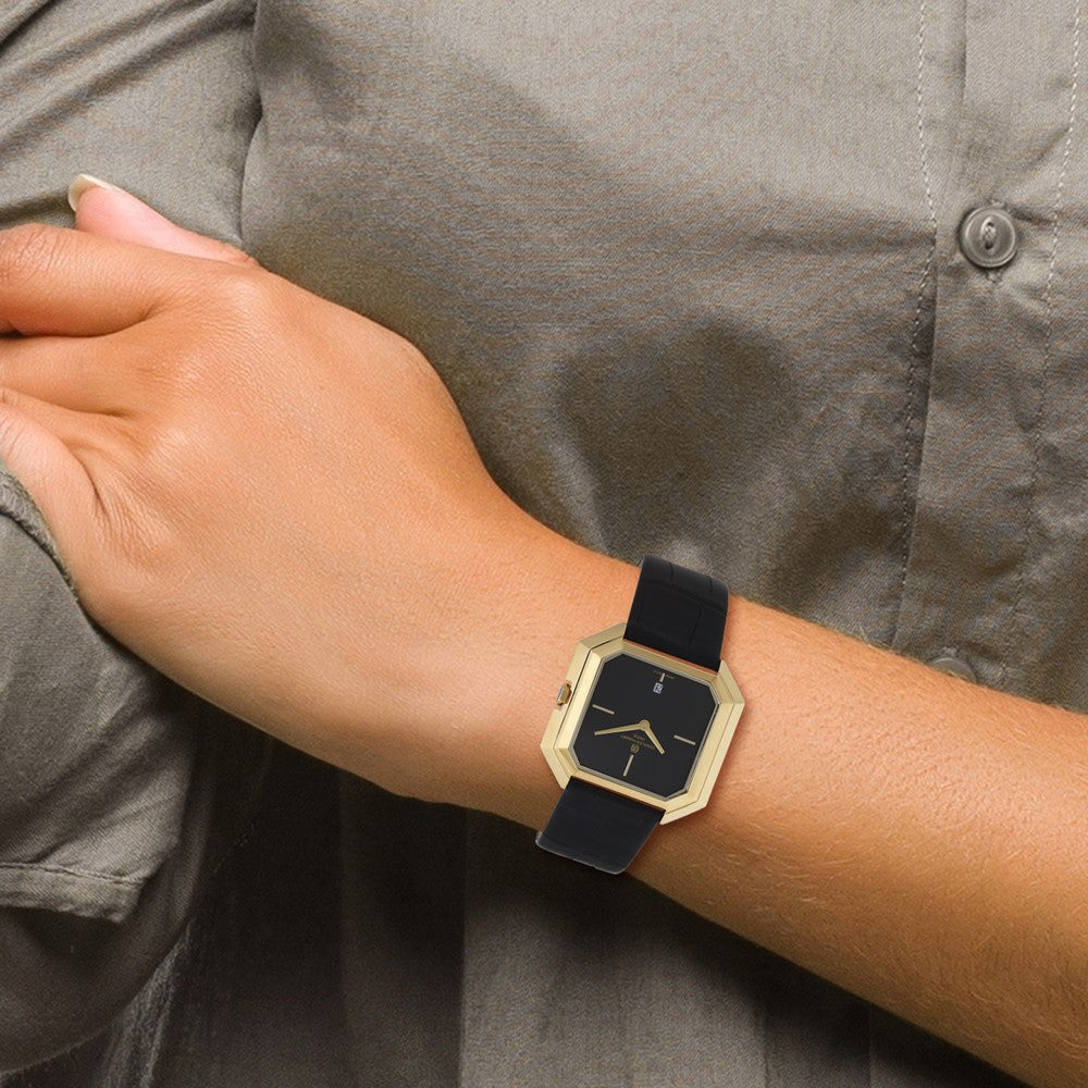 Alternate view of the Charles Hubert Mens IP-plated Stainless Black Leather Band Watch by The Black Bow Jewelry Co.