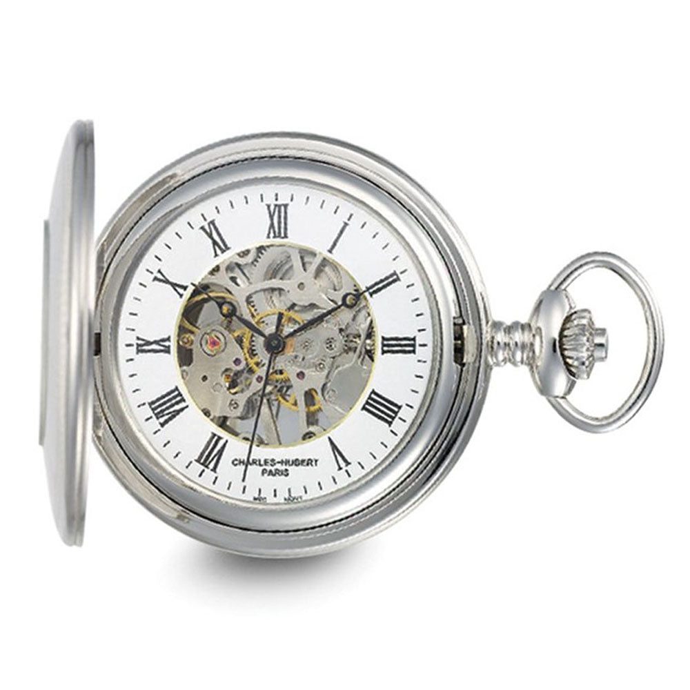 Charles Hubert Stainless Hunter Case/Shield Skeleton 47mm Pocket Watch, Item W8926 by The Black Bow Jewelry Co.
