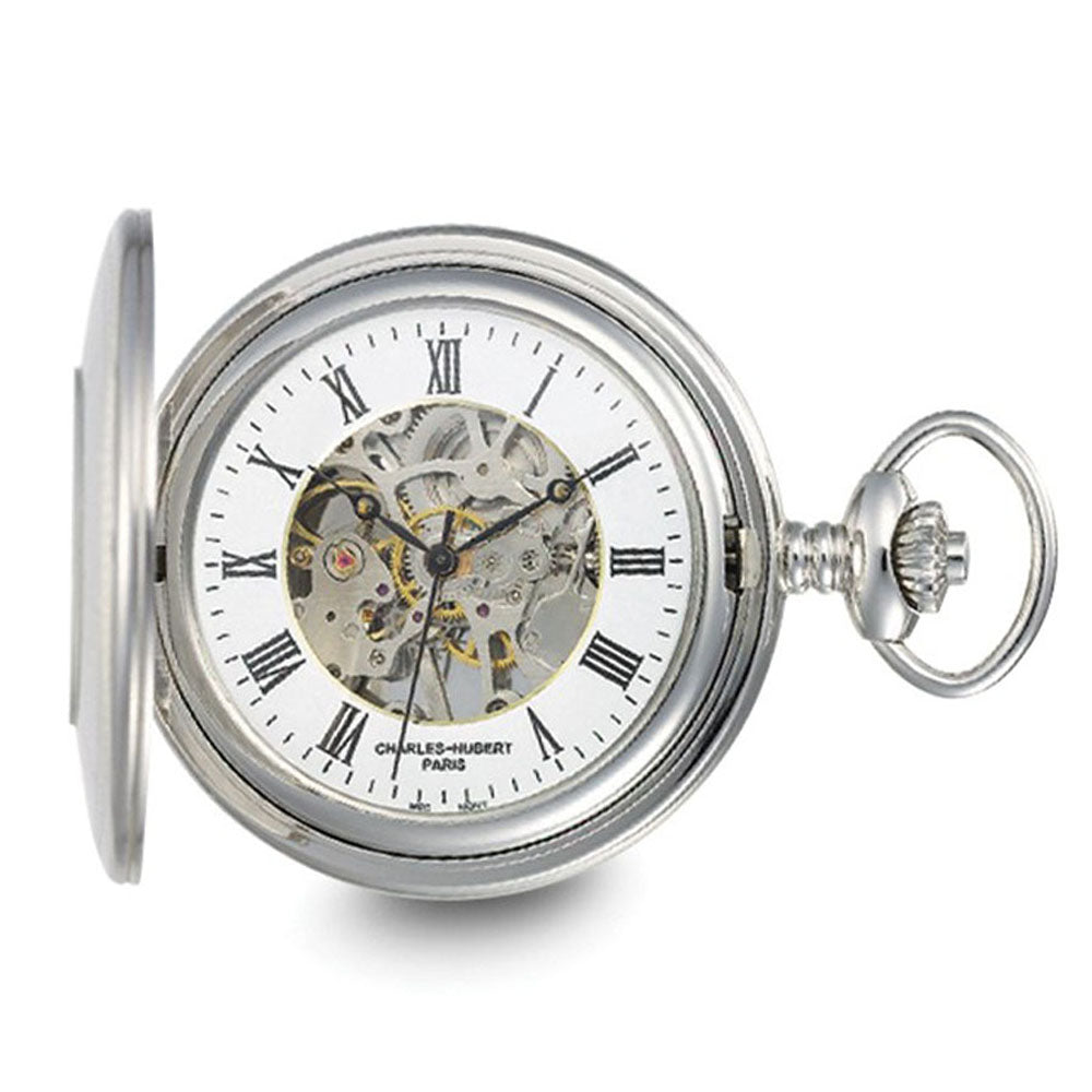 Charles Hubert Stainless Case w/Floral Shield Skeleton Pocket Watch, Item W8927 by The Black Bow Jewelry Co.