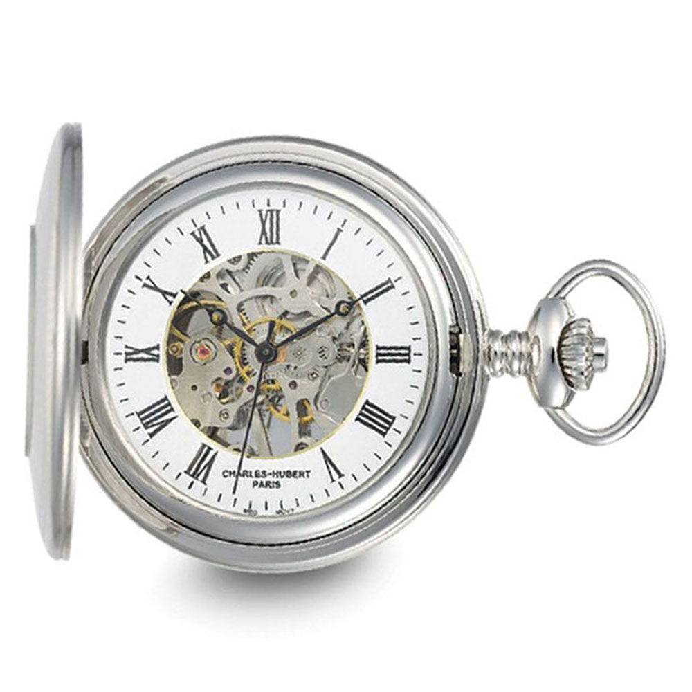Charles Hubert Stainless w/Oval Engraving Area Skeleton Pocket Watch, Item W8929 by The Black Bow Jewelry Co.