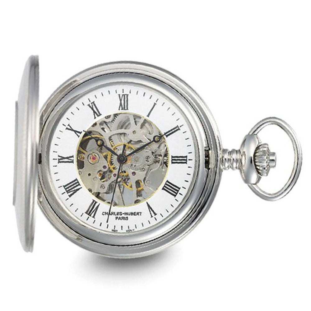 Charles Hubert Stainless Engravable Skeleton 47mm Pocket Watch, Item W8933 by The Black Bow Jewelry Co.