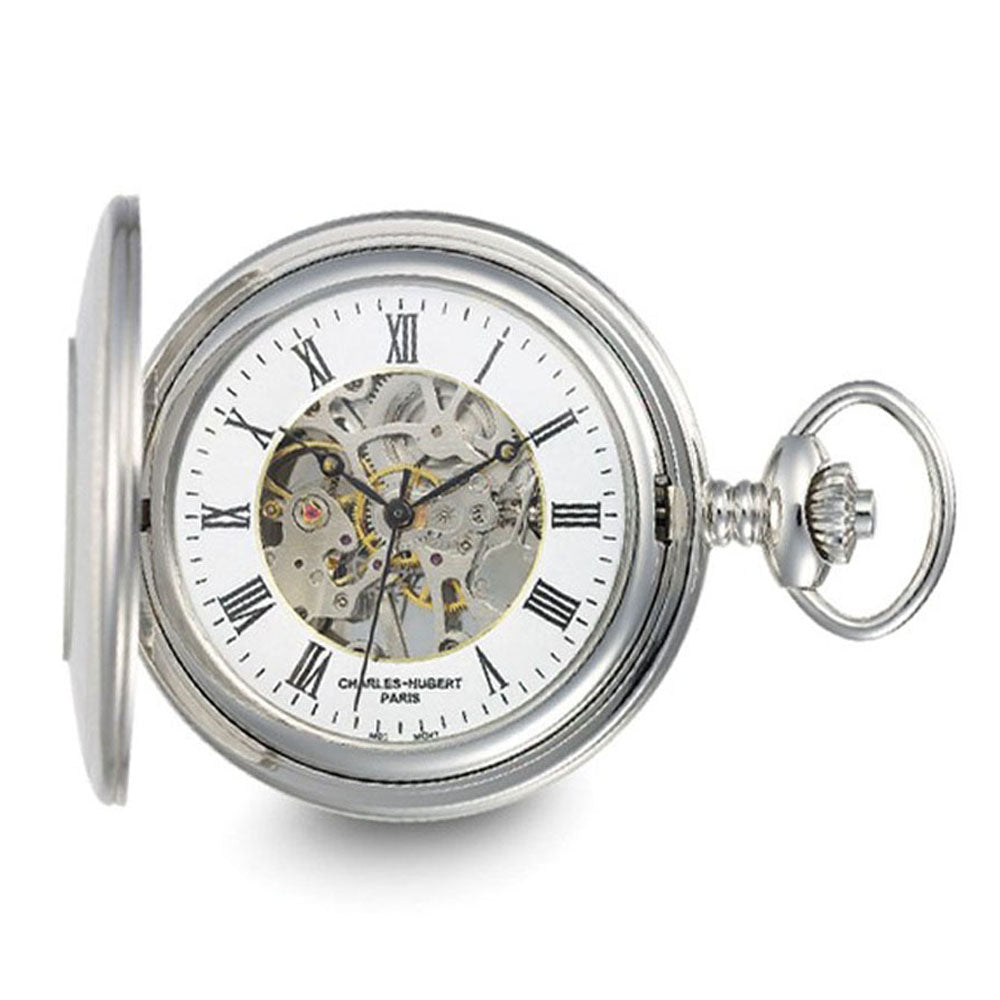 Charles Hubert Stainless Hunter Case w/Shield Skeleton Pocket Watch, Item W8934 by The Black Bow Jewelry Co.