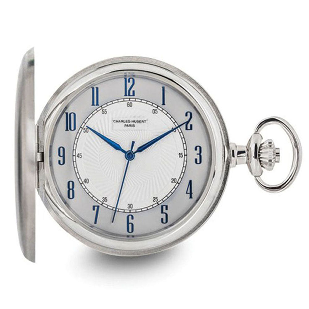 Charles Hubert Satin Stainless Hunter Case White Dial Pocket Watch, Item W8936 by The Black Bow Jewelry Co.