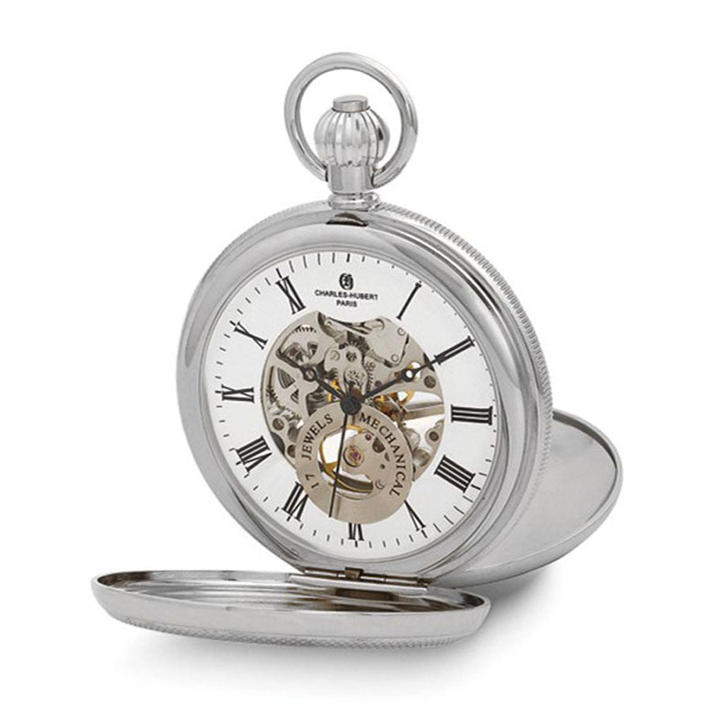 Charles Hubert Chrome Finish Double Cover Open Window Pocket Watch, Item W8948 by The Black Bow Jewelry Co.