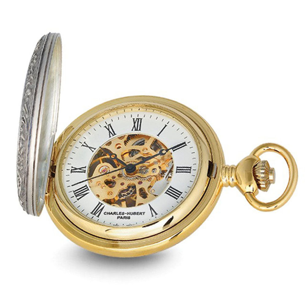 Charles Hubert 2 Tone Hunter Shield Case Skeleton Dial Pocket Watch, Item W8955 by The Black Bow Jewelry Co.