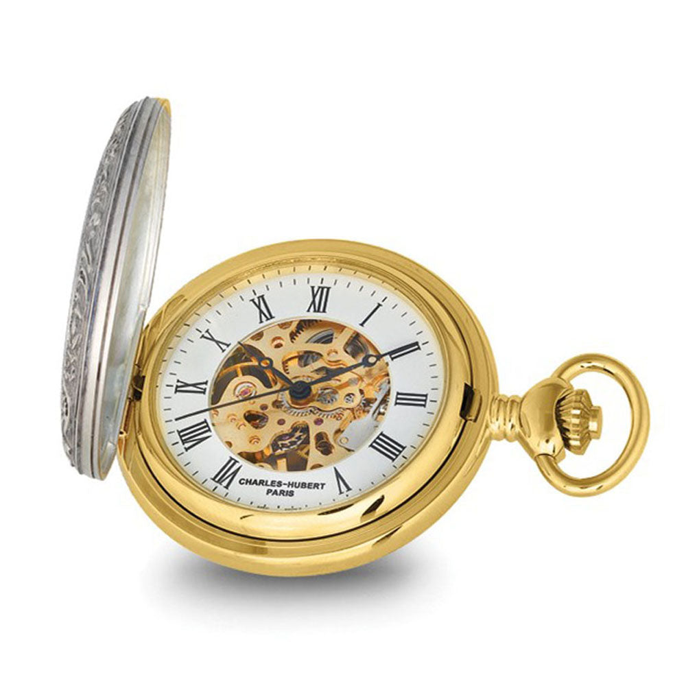 Charles Hubert 2-tone Crown, Ribbon &amp; Shield Skeleton Pocket Watch, Item W8959 by The Black Bow Jewelry Co.