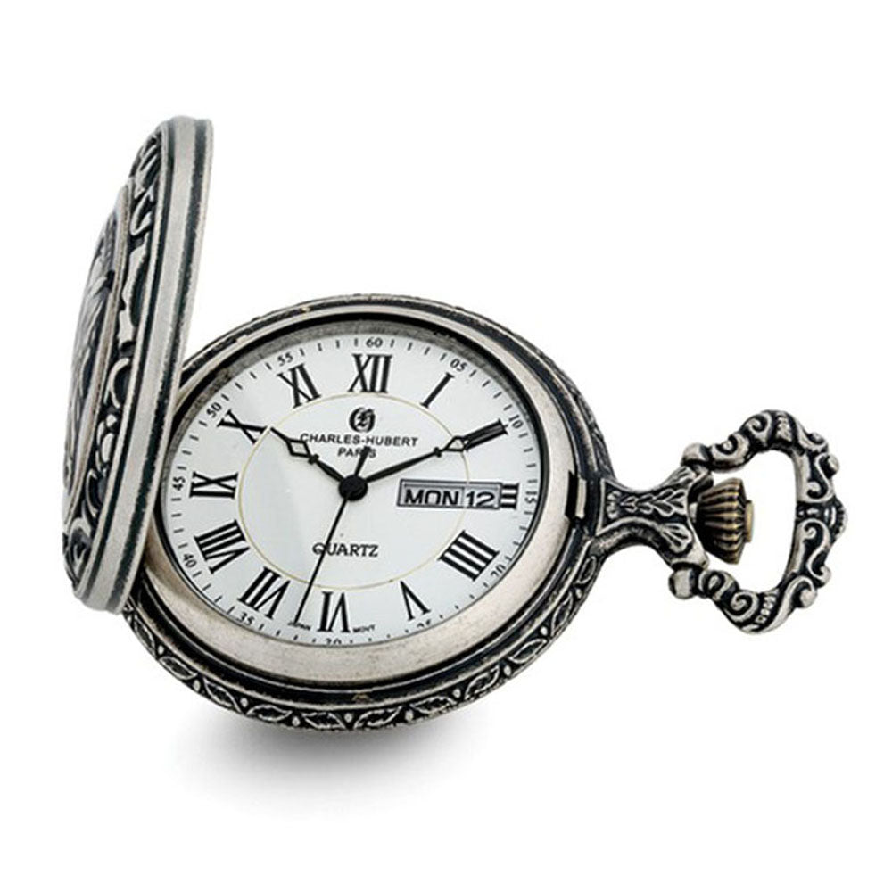 Charles Hubert Antique Chrome Finish Train Pocket Watch, Item W8967 by The Black Bow Jewelry Co.