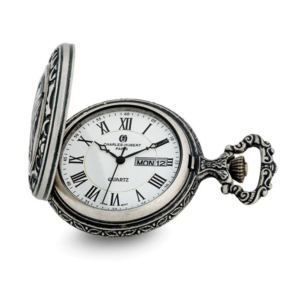 Charles Hubert Antique Chrome Finish Fisherman Pocket Watch, Item W8971 by The Black Bow Jewelry Co.