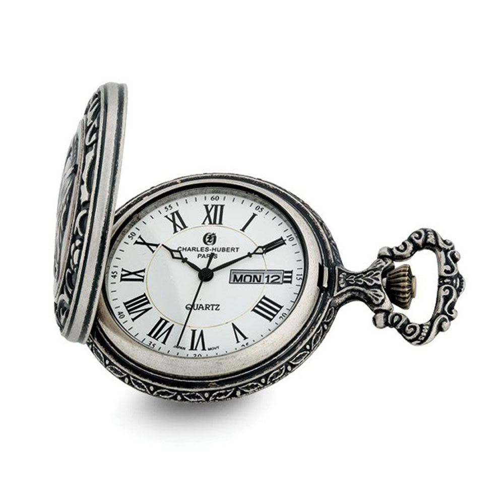Charles Hubert Antique Chrome Finish 2 Horses Pocket Watch, Item W8975 by The Black Bow Jewelry Co.
