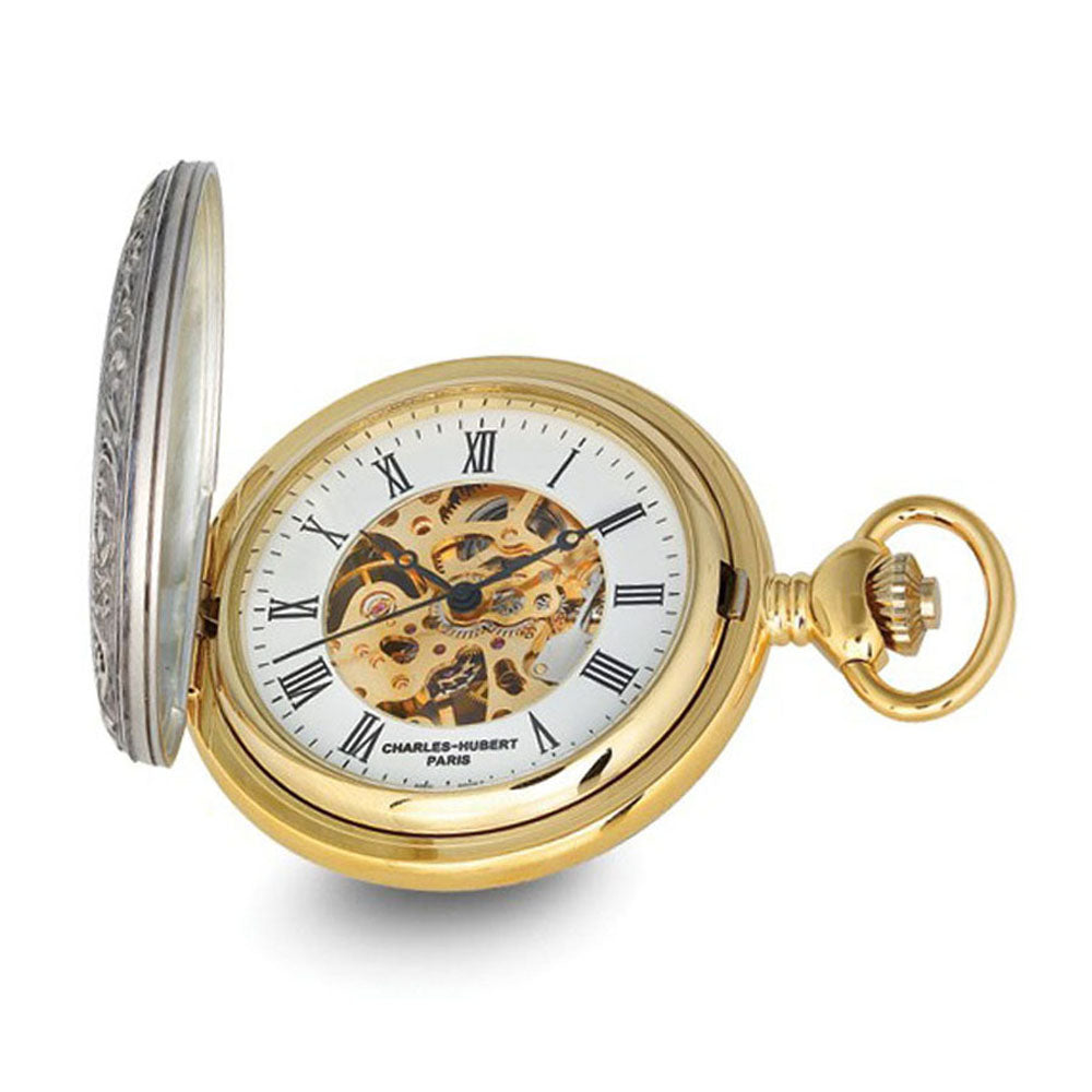 Charles Hubert 2-tone Pegasus Hunter Case Skeleton Dial Pocket Watch, Item W8976 by The Black Bow Jewelry Co.