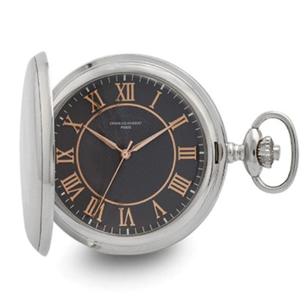 Charles Hubert Chrome Finish Grey Dial Quartz Pocket Watch, Item W8979 by The Black Bow Jewelry Co.