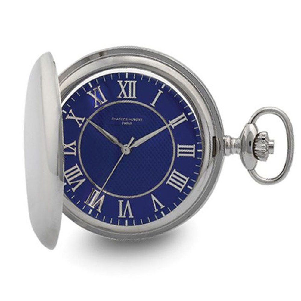 Charles Hubert Chrome Finish Blue Dial Quartz Pocket Watch, Item W8981 by The Black Bow Jewelry Co.
