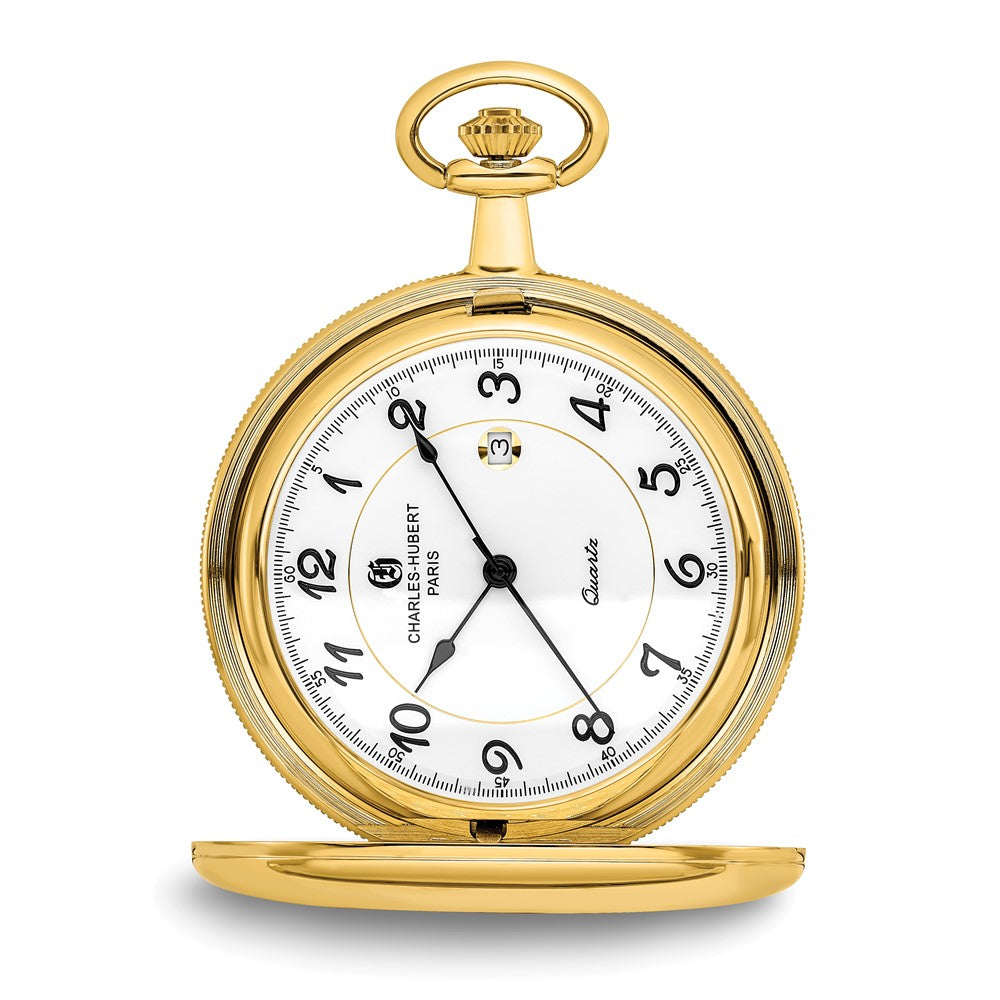 Charles Hubert 14k Gold Finish White Dial with Date Pocket Watch, Item W8983 by The Black Bow Jewelry Co.