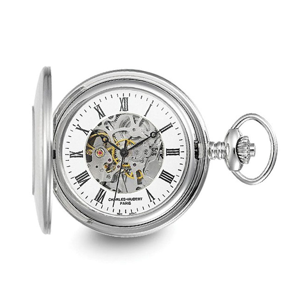 Charles Hubert Polished Stainless Steel White Dial 48mm Pocket Watch, Item W8986 by The Black Bow Jewelry Co.