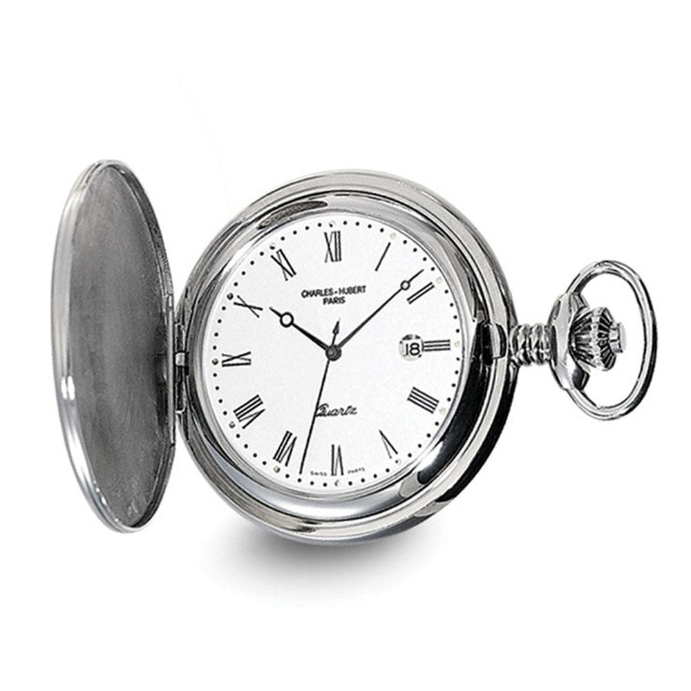 Charles Hubert 48mm Stainless Steel White Dial with Date Pocket Watch, Item W8987 by The Black Bow Jewelry Co.