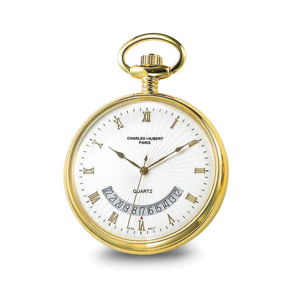 Charles Hubert Gold Finish White Dial Gold Pocket Watch, Item W8991 by The Black Bow Jewelry Co.