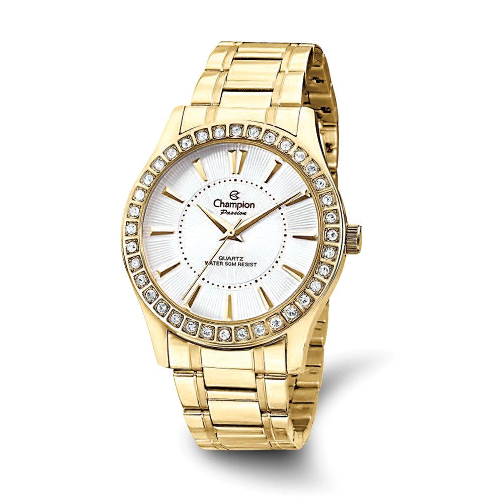 Champion Ladies Passion Gold Tone Crystal Bezel Silver Dial Watch, Item W9015 by The Black Bow Jewelry Co.