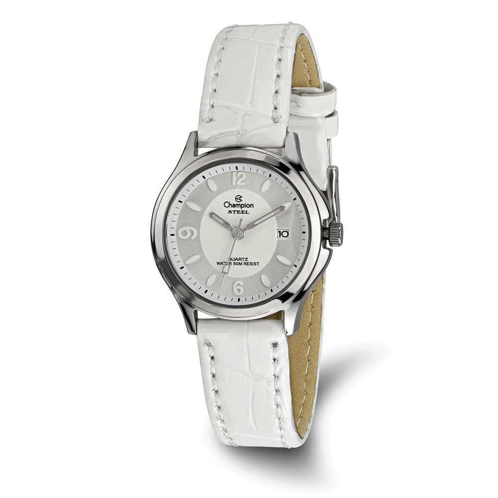 Champion Ladies Social Silver-tone White Leather Strap Watch, Item W9054 by The Black Bow Jewelry Co.