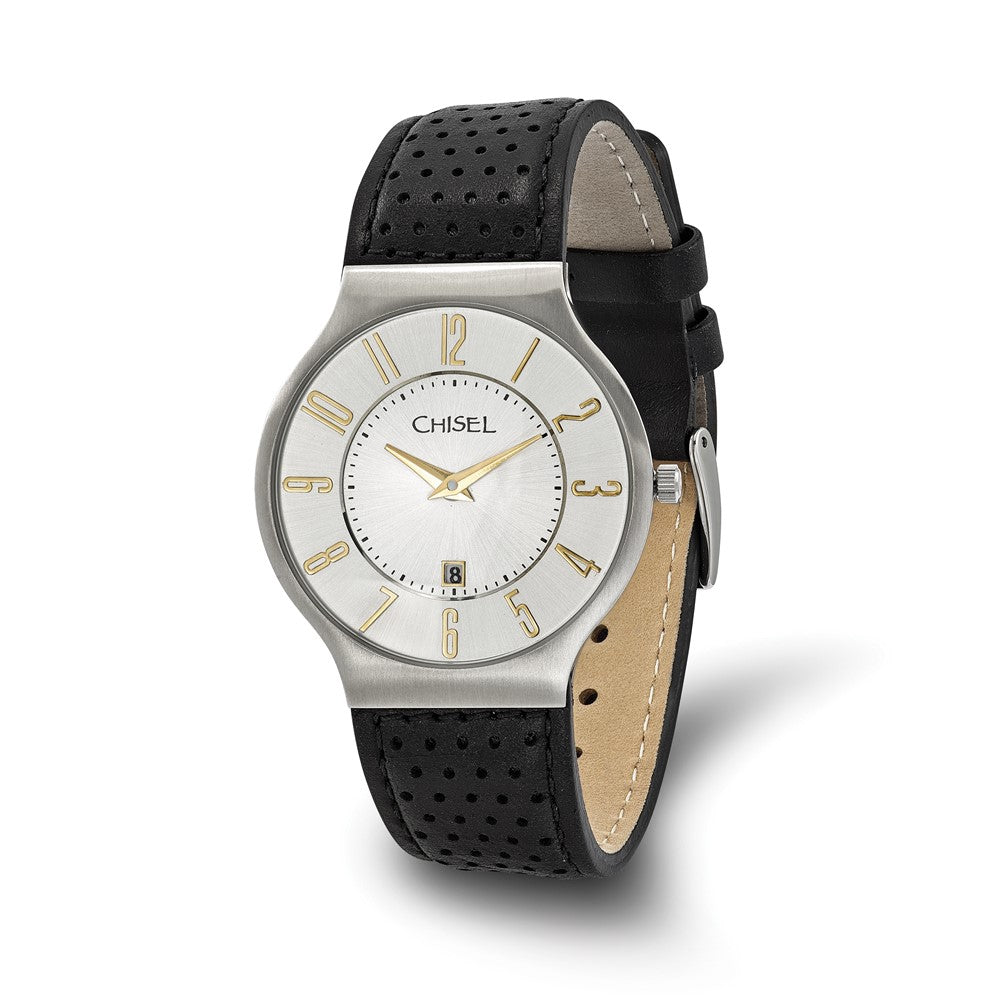 Chisel Mens Stainless Steel White Dial Black Leather Watch, Item W9067 by The Black Bow Jewelry Co.