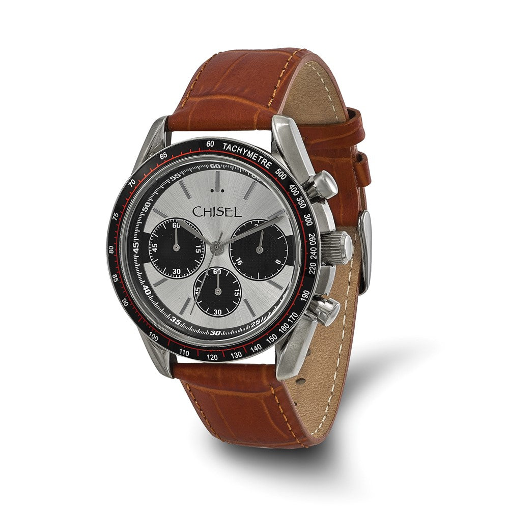 Chisel Mens Stainless Steel Brown Leather Chronograph Watch, Item W9068 by The Black Bow Jewelry Co.