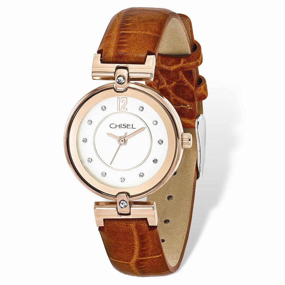 Chisel Ladies IP Rose-plated White Dial Brown Leather Watch, Item W9071 by The Black Bow Jewelry Co.