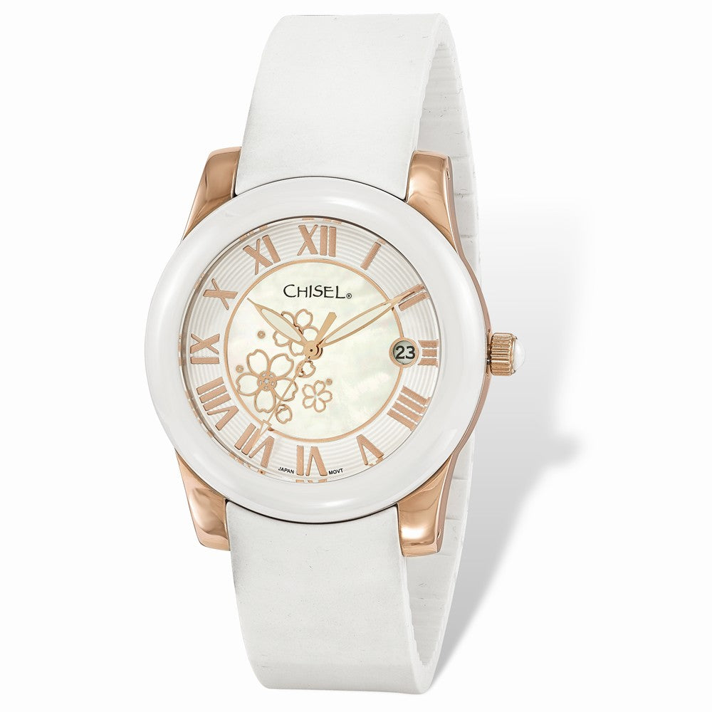 Chisel Ladies Rose IP-plated Floral Dial White Strap Watch, Item W9075 by The Black Bow Jewelry Co.
