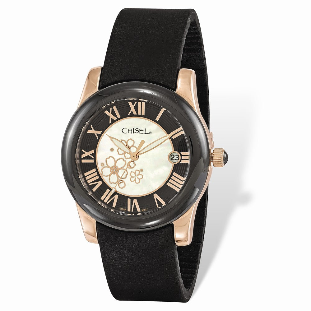 Chisel Ladies Rose IP-plated Floral Dial Black Strap Watch, Item W9076 by The Black Bow Jewelry Co.
