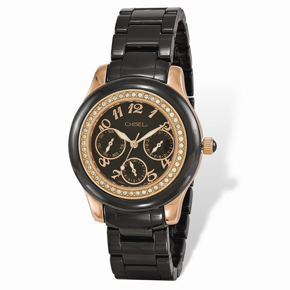 Chisel Ladies Rose IP-plated Black Dial Ceramic Watch, Item W9079 by The Black Bow Jewelry Co.