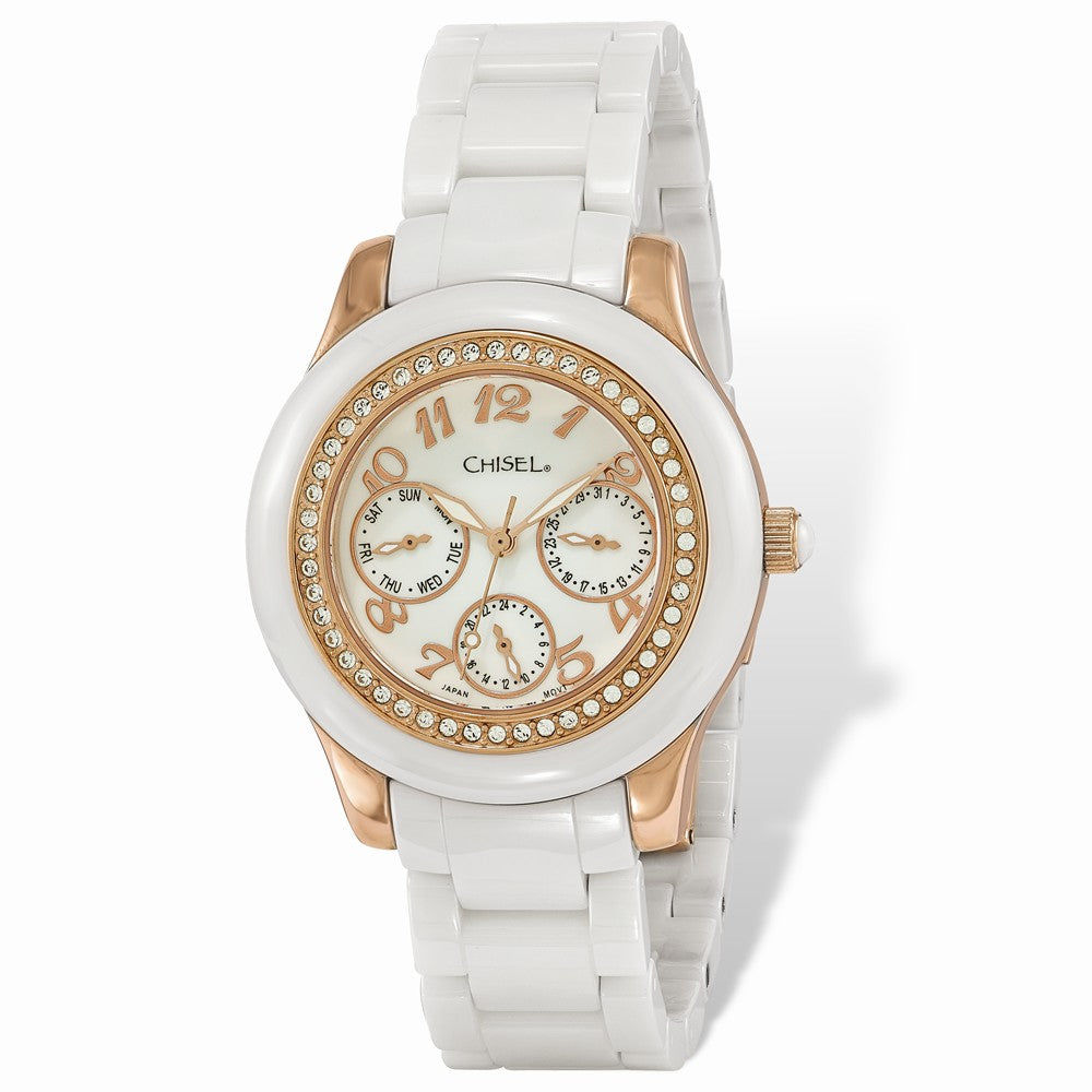 Chisel Ladies Rose IP-plated White Dial Ceramic Watch, Item W9080 by The Black Bow Jewelry Co.