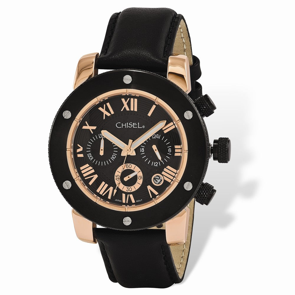 Chisel Mens Rose IP-plated Black Dial Chronograph Watch, Item W9083 by The Black Bow Jewelry Co.