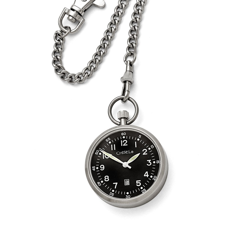 Chisel Mens Stainless Steel Black Dial Open Face 43mm Pocket Watch, Item W9095 by The Black Bow Jewelry Co.