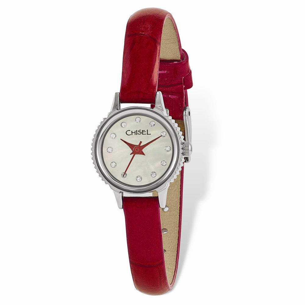 Chisel Ladies Stainless Steel Red Leather Strap Watch, Item W9102 by The Black Bow Jewelry Co.