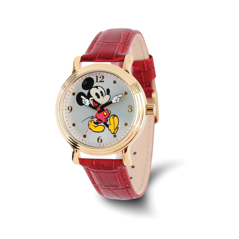 Disney Ladies Size Red Mickey Mouse w/Moving Arms Gold-tone Watch, Item W9424 by The Black Bow Jewelry Co.