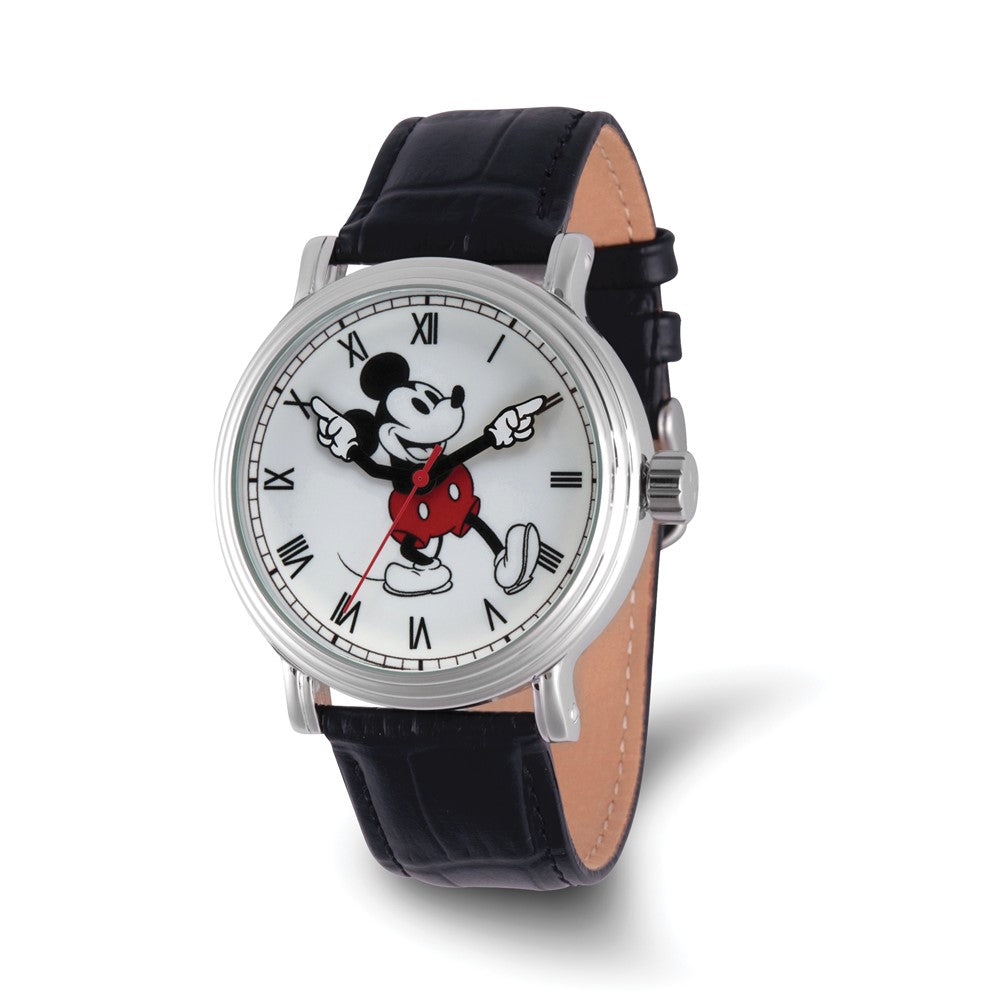 Disney Adult Moving Arms Mickey Mouse Black Leather Band 44mm Watch, Item W9508 by The Black Bow Jewelry Co.