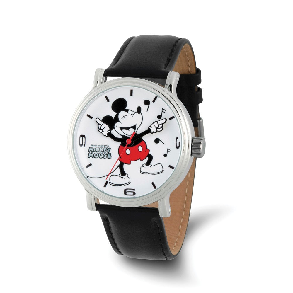 Disney Ladies Laughing Mickey Mouse Black Leather Band Watch, Item W9509 by The Black Bow Jewelry Co.