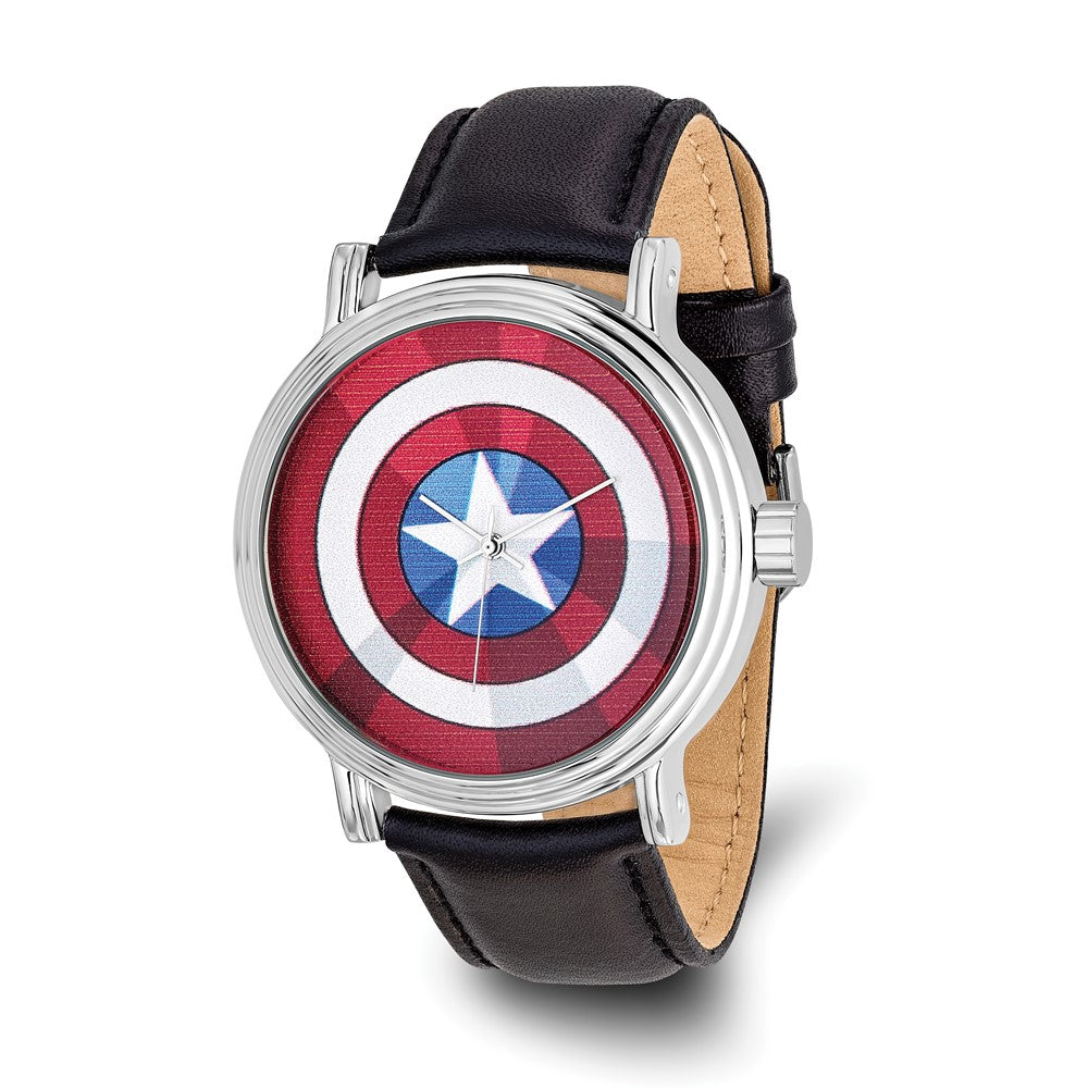 Marvel Adult Size Captain America Black Leather Band Watch, Item W9738 by The Black Bow Jewelry Co.