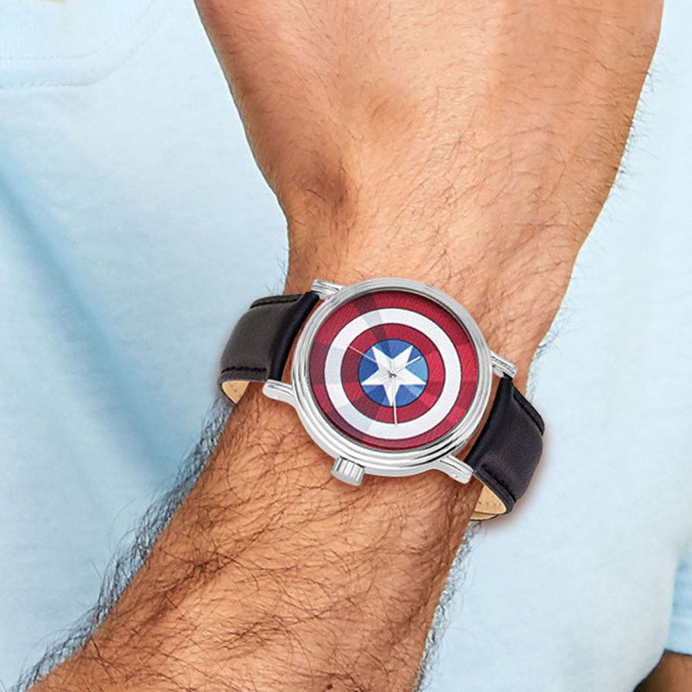 Alternate view of the Marvel Adult Size Captain America Black Leather Band Watch by The Black Bow Jewelry Co.