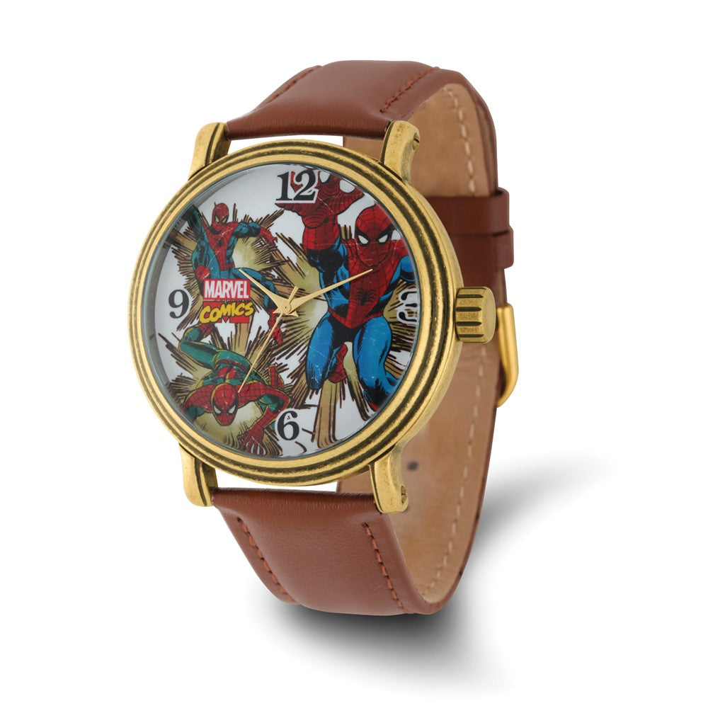 Marvel Adult Size Spiderman Gold-tone Brown Leather Band Watch, Item W9741 by The Black Bow Jewelry Co.