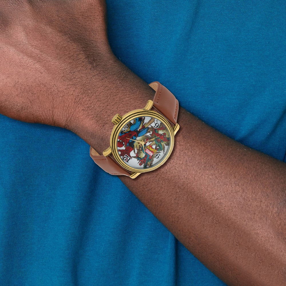 Alternate view of the Marvel Adult Size Spiderman Gold-tone Brown Leather Band Watch by The Black Bow Jewelry Co.