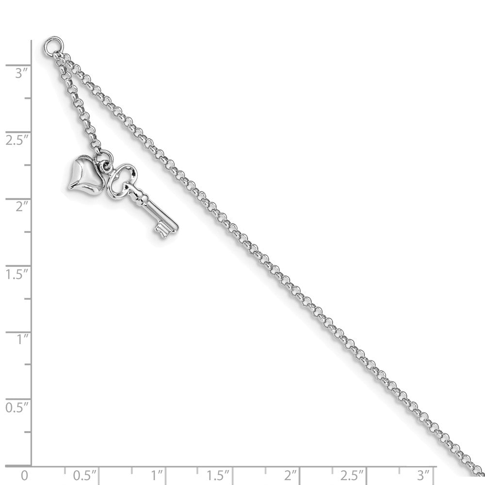 Alternate view of the 14k White Gold Puffed Heart And Key Dangle Anklet, 10 Inch by The Black Bow Jewelry Co.
