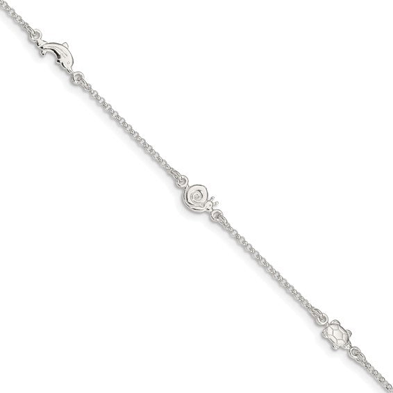 Alternate view of the Sterling Silver 2mm Cable Chain and Sea Life Station Anklet, 9-10 Inch by The Black Bow Jewelry Co.