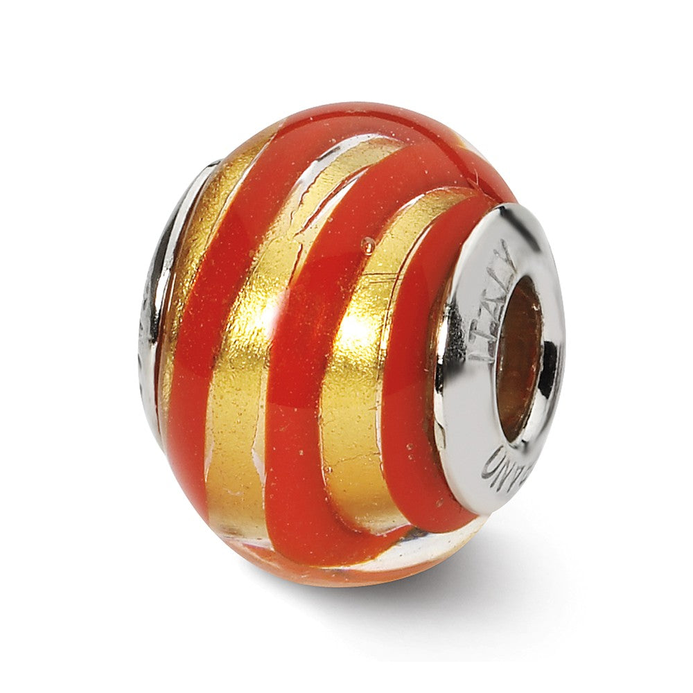 Golden Red Striped Murano Glass &amp; Sterling Silver Bead Charm, 14mm, Item B10077 by The Black Bow Jewelry Co.