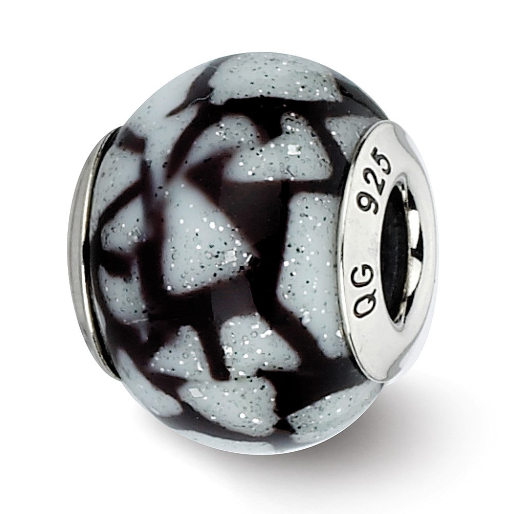 White, Black, Glitter Overlay Glass &amp; Sterling Silver Bead Charm, 15mm, Item B10237 by The Black Bow Jewelry Co.