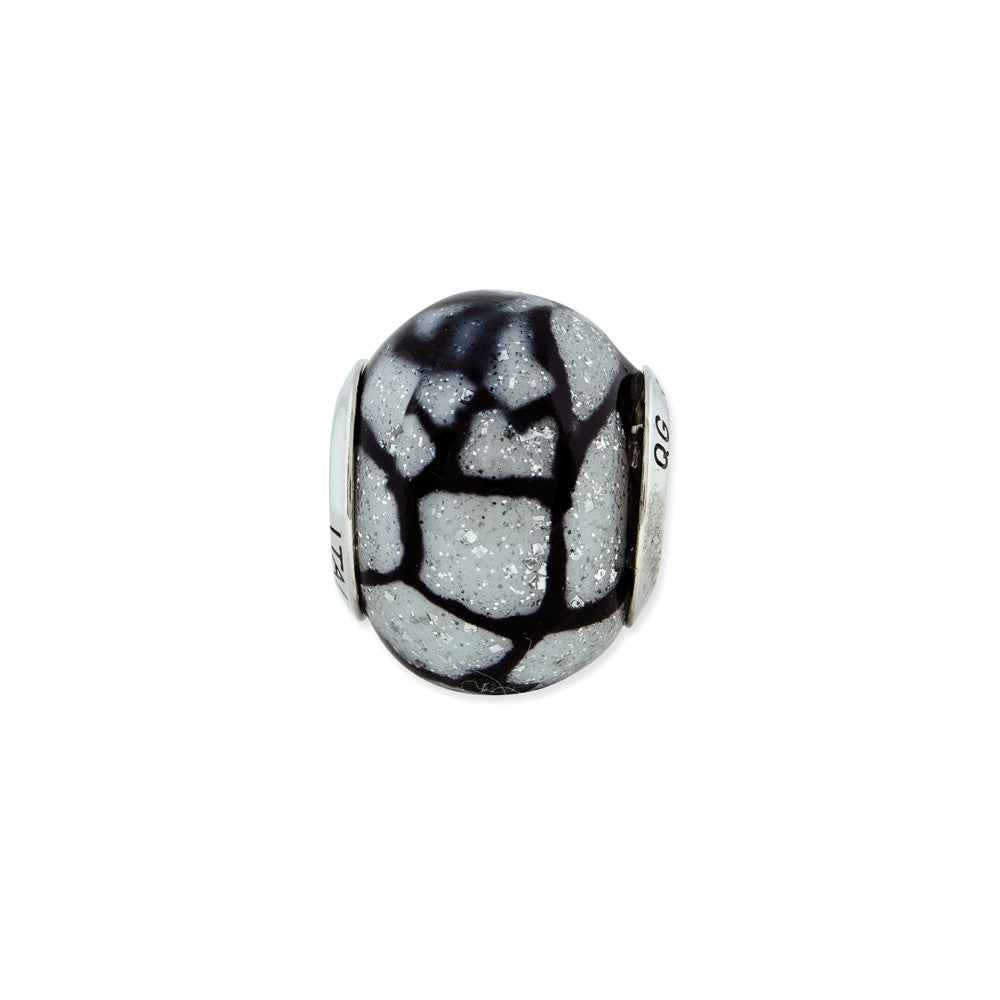 Alternate view of the White, Black, Glitter Overlay Glass &amp; Sterling Silver Bead Charm, 15mm by The Black Bow Jewelry Co.