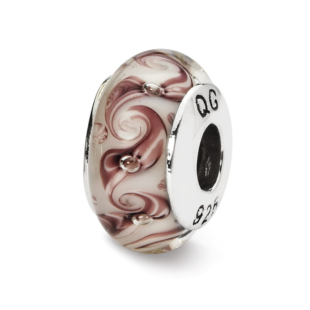 White, Mauve Swirl Hand-Blown Glass &amp; Sterling Silver Bead Charm, 13mm, Item B10256 by The Black Bow Jewelry Co.