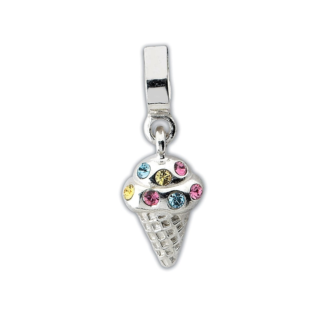 Sterling Silver CZ Ice Cream Cone Dangle Bead Charm, Item B10629 by The Black Bow Jewelry Co.